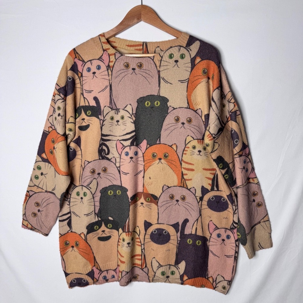 Cute Cat Graphic Print Sweater Women 2X Multicolor Whimsical Kitsch Soft Cozy